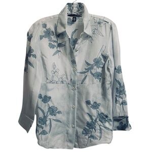 Linda Allard Blue Silk Organdy Long Sleeve Blouse Sheer Floral Motif Romantic 8